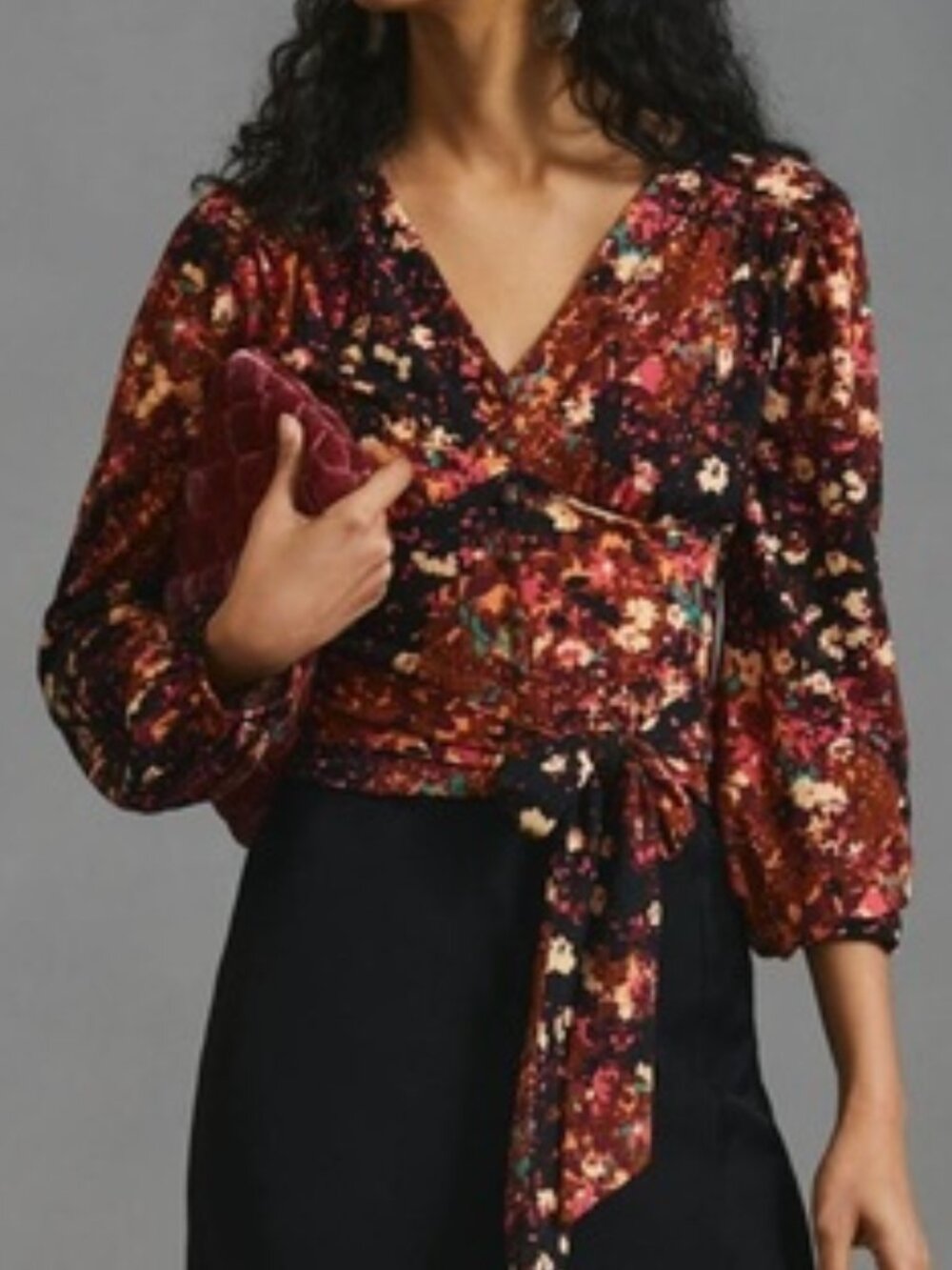 Anthropologie Balloon‎ Sleeve Open Back Floral Cropped Blouse Womens S Tie Waist